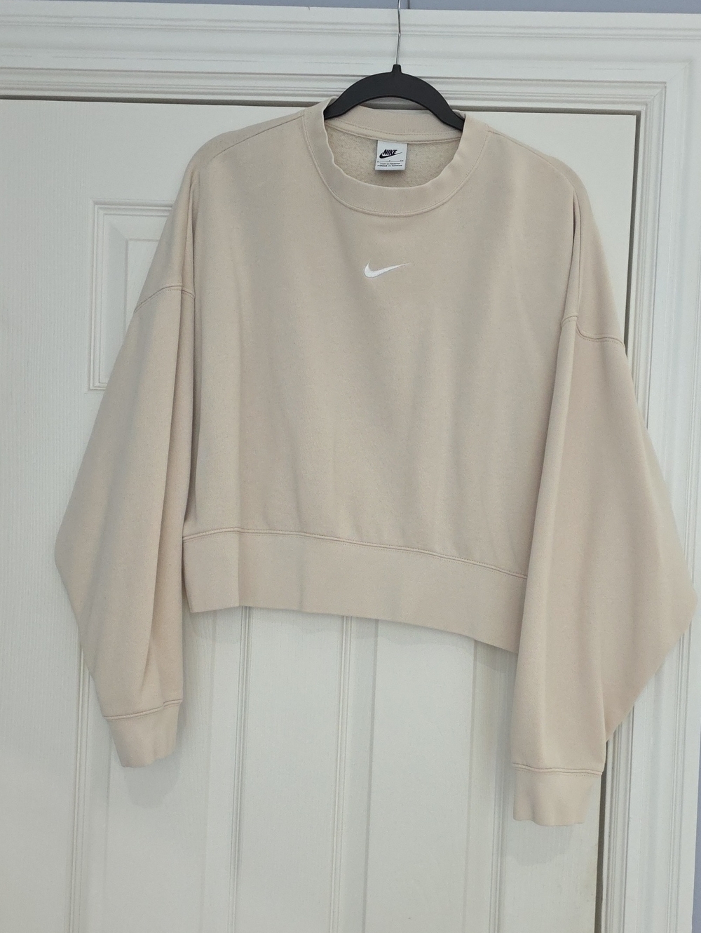 Nike Beige Cropped Crew Sweatshirt with White Swoosh